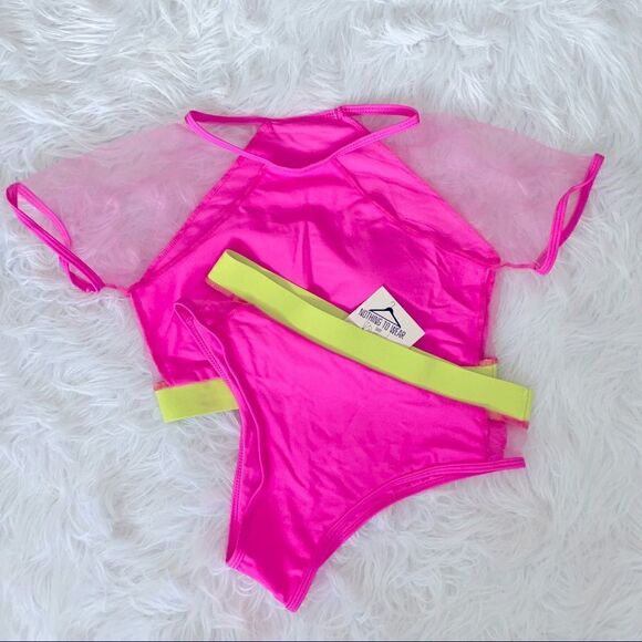 ⭕️ Swimwear Swimsuit 2 Piece Hot Neon Bright Pink Medium - Picture 1 of 5